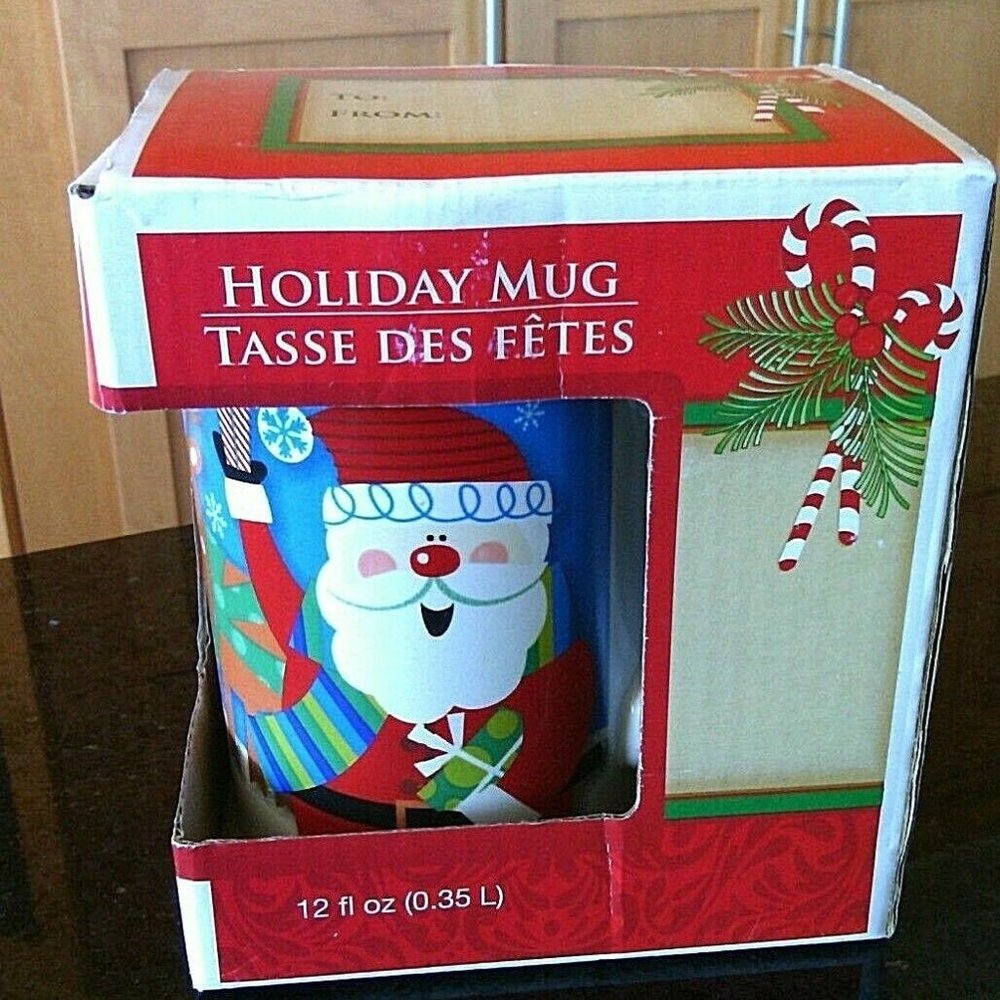 Christmas Holiday Coffee Mug Tea Cup Santa Claus Ho Ho Ho Reindeer Snowflakes